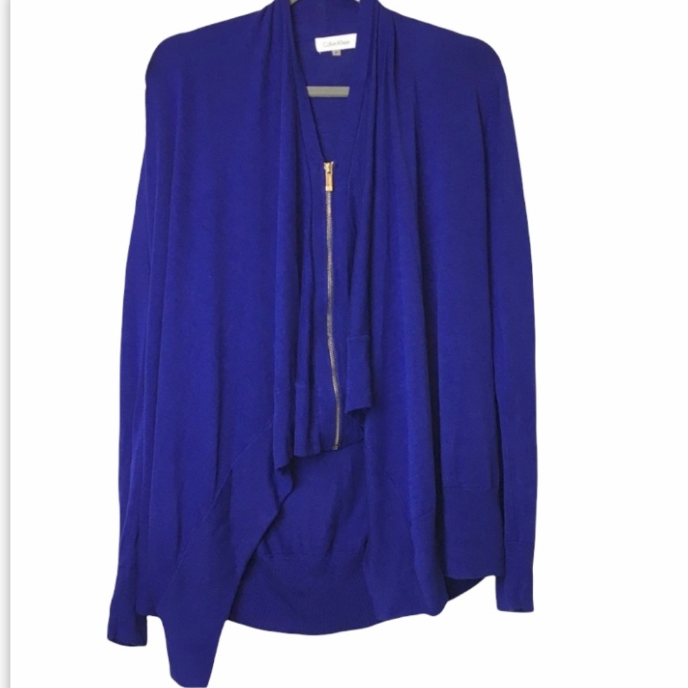 NWOT•Calvin Klein•oversized baggy blue silk cascading zipper cardigan small